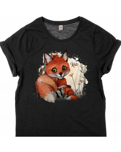 T-Shirt Damen in Schwarz mit Fuchs Mama & Jungtier Motiv shirt mit Namen Wunschnamen s10