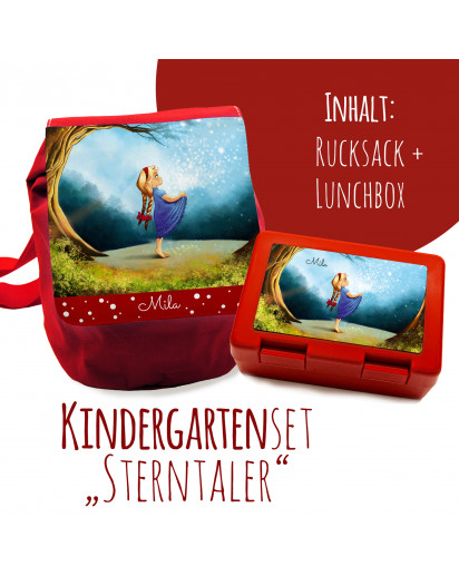 Schulset Kinderrucksack und Lunchbox mit Märchen Sterntaler Mädchen im Wald mit Wunschnamen School set children backpack and lunchbox with fairytale the star money girl in the forest with desired name S1