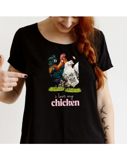 Shirt T-Shirt Sweatshirt in schwarz Hahn Hühner Hühnchen Chicken Spruch i love my chicken Mama Tochter Freundin Geschenk 100% Baumwolle verschiedene Größen s24