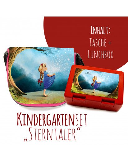 Schulset Kindertasche und Lunchbox mit Märchen Sterntaler Mädchen im Wald mit Wunschnamen School set kindergarten bag and lunchbox with fairytale the star money girl in the forest with desired name S2