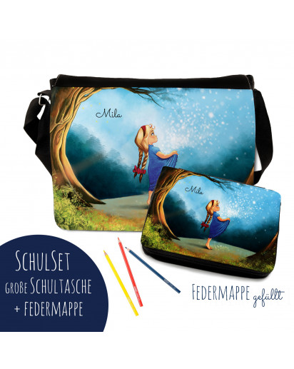 Schulset Schultasche und Lunchbox mit Märchen Sterntaler Mädchen im Wald mit Wunschnamen School set school bag and lunchbox with fairytale the star money girl in the forest with custom name S3