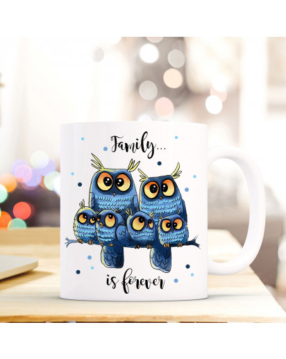 Tasse Becher Kaffeetasse Kaffeebecher Kindertasse Kinderbecher Eulenfamilie Eulen auf Ast Eulen auf Zweig Familie Eule Eulchen Eulen mit Spruch family is forever cup mug children cup children mug coffee cup coffee mug owl family owls on branch owls on twi