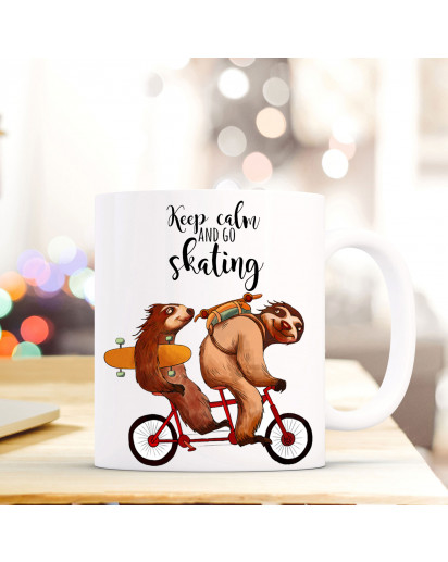 Tasse Becher Faultiertasse Faultiere auf Fahrrad mit Spruch keep calm and go skating ts417