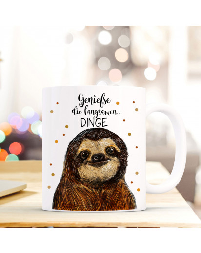 Tasse Becher Kaffeetasse Kaffeebecher Kindertasse Kinderbecher Faultiertasse Faultier mit Spruch Sprichwort Zitat genieße die langsamen Dinge cup mug children cup children mug coffee cup coffee mug sloth with quote saying enjoy the slow things ts411