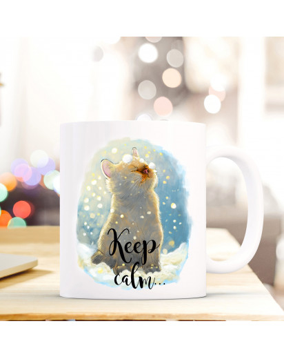 Tasse Becher Katze Katzentasse mit Schneeflocken und Spruch Keep calm... and believe in magic ts406