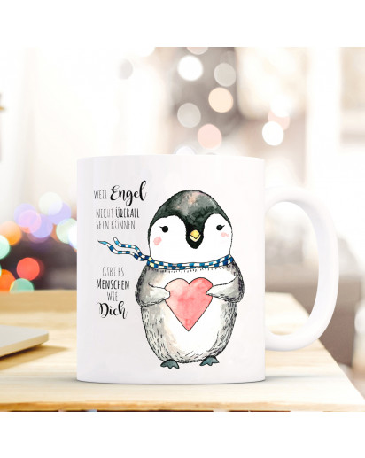 Tasse Becher Kindertasse Kinderbecher Kaffeetasse Kaffeebecher Pinguin mit Herz und Spruch weil Engel nicht überall sein können… gibt es Menschen wie dich Cup mug coffee cup coffee mug children cup children mug penguin with heart and saying because angels