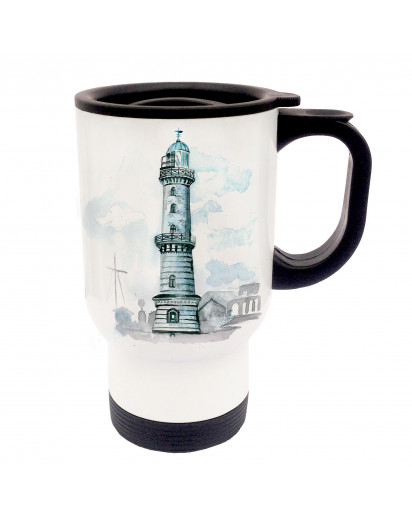 Tasse Becher Thermotasse Thermobecher Thermostasse Thermosbecher maritimer Leuchtturm an der Küste cup mug thermo mug thermo cup maritime light house at the coast tb018