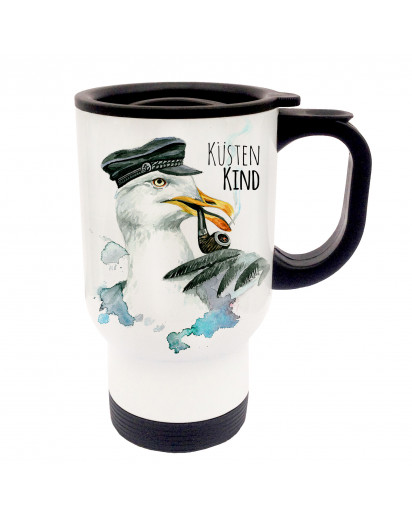 Tasse Becher Thermotasse Thermobecher Thermostasse Thermosbecher Kapitän Möwe mit Spruch Küstenkind cup mug thermo mug thermo cup captain seagull with saying coast child tb019