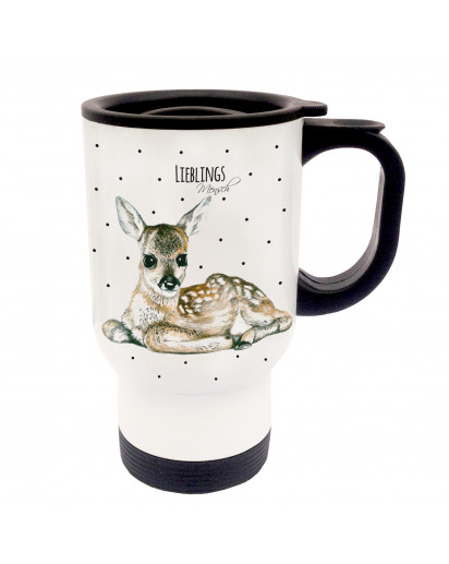 Tasse Becher Thermotasse Thermobecher Thermostasse Thermosbecher Reh Rehkitz mit Punkten und Spruch Lieblingsmensch cup mug thermo mug thermo cup deer fawn with dots and saying favourite person tb030