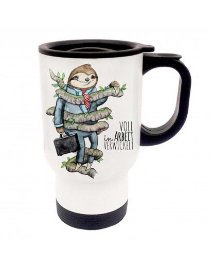 Thermobecher Thermotasse Thermosbecher Thermostasse Becher Tasse Faultier mit Spruch voll in Arbeit verwickelt thermo cup thermo mug thermal cup thermal mug sloth with saying fully involved in work tb050