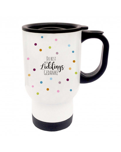 Thermobecher Thermotasse Thermosbecher Thermostasse Becher Tasse bunte Punkte Konfetti mit Spruch Du bist mein Lieblingsgedanke thermo cup thermo mug thermal cup thermal mug colorful dots confetti with saying you are my favourite thought tb054