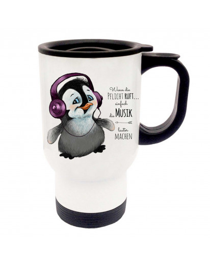 Thermobecher Thermotasse Thermosbecher Thermostasse Pinguin mit Kopfhörer und Spruch wenn die Pflicht ruft... thermo cup thermo mug thermal cup thermal mug penguin with headphones and saying when the duty calls... tb056