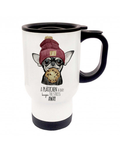 Thermobecher Thermotasse Thermosbecher Thermostasse Becher Tasse Hund mit Cookie Keks und Spruch a Plätzchen a day... thermo cup thermo mug thermal cup thermal mug dog with cookie biscuit and saying a Plätzchen a day... tb057