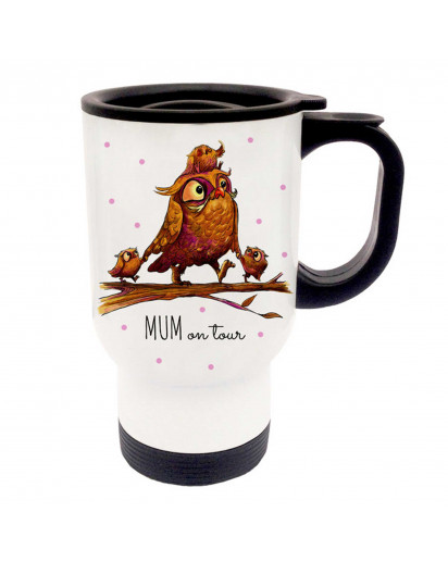 Thermobecher Thermotasse Thermosbecher Thermostasse Becher Tasse Eulen Eulchen Familie auf Ast mit Spruch Mom on tour thermo cup thermo mug thermal cup thermal mug owls little owl family on branch with saying mom on tour tb059