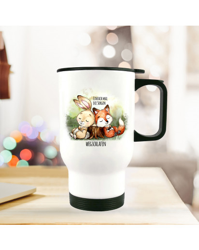 Thermobecher Isolierbecher bedruckt mit Hase & Fuchs Spruch Einfach Sorgen wegschlafen Kaffeebecher Geschenk tb204