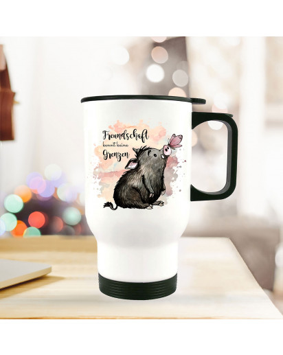 Thermobecher Isolierbecher bedruckt mit Schwein & Schmetterling Spruch Freundschaft Kaffeebecher Geschenk tb206