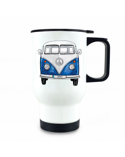 Thermobecher Isolierbecher Bulli Bus blau Front vorne Thermo Trinkbecher bedruckt Name Wunschname tb209