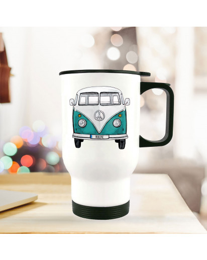 Thermobecher Isolierbecher Bulli Bus türkis Front vorne Thermo Trinkbecher bedruckt Name Wunschname tb210