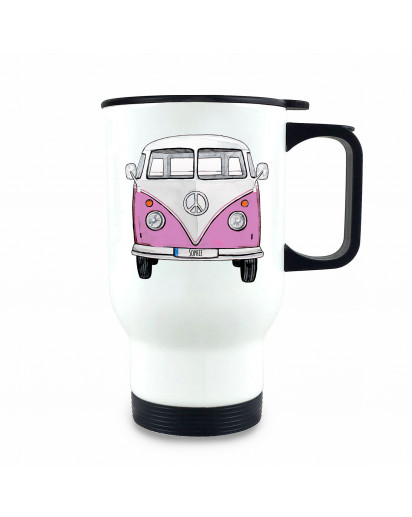 Thermobecher Isolierbecher Bulli Bus rosa Front vorne Thermo Trinkbecher bedruckt Name Wunschname tb211