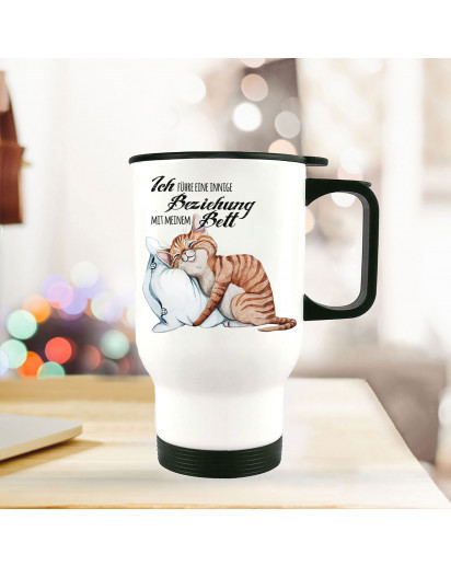 Thermobecher Isolierbecher bedruckt mit Katze & Kissen Spruch Beziehung mit Bett Kaffeebecher Geschenk tb216