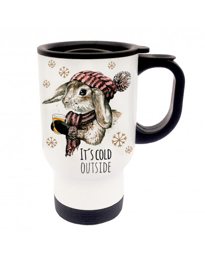 Tasse Becher Thermotasse Thermobecher Thermostasse Thermosbecher Kaninchen Häschen mit Spruch it's cold outside cup mug thermo mug thermo cup rabbits bunny with saying it's cold outside tb21