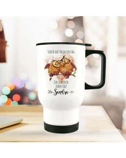 Thermobecher Isolierbecher Eulen Pärchen Spruch Scheiß auf Valentinstag Kaffeebecher Geschenk Wunschname tb223