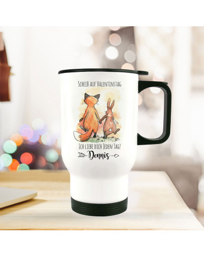 Thermobecher Isolierbecher Fuchs & Hase Pärchen Spruch Scheiß auf Valentinstag Kaffeebecher Geschenk Wunschname tb224