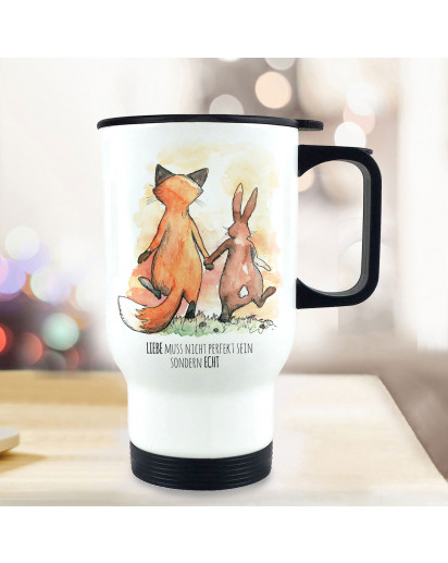 Thermobecher Isolierbecher bedruckt Fuchs Pärchen Liebe muss nicht perfekt sein sondern echt Kaffeebecher Geschenk tb231