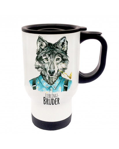 Tasse Becher Thermotasse Thermobecher Thermostasse Thermosbecher Wolf Wolfshund mit Spruch Lieblingsbruder cup mug thermo mug thermo cup wolf wolfhound with saying favourite brother tb26