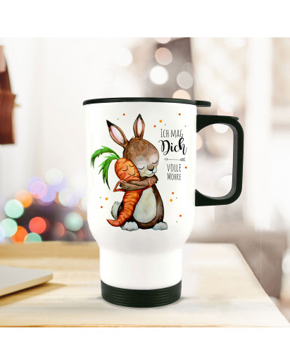 Thermobecher Thermotasse Thermosflasche Becher Tasse Kaffeebecher Hase und Möhre mit Spruch Ich mag dich vole Möhre Thermo cup rabbit with quote saying i like you full carrot