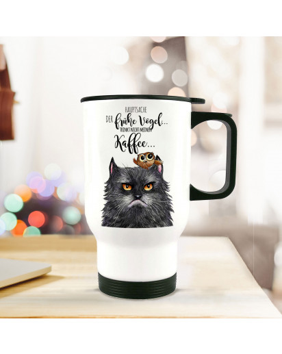Thermobecher Thermotasse Thermosflasche Becher Tasse Kaffeebecher Grumpy Cat Katze mit Spruch der frühe Vogel...thermo cup thermal mug cup mug grumpy cat with quote saying the early bird...tb067