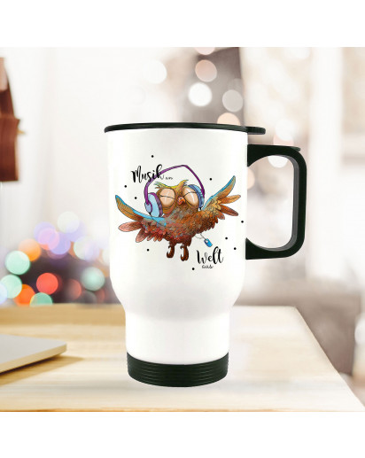 Thermobecher Thermotasse Thermosflasche Becher Tasse Eule mit Kopfhörer und Spruch Musik an Welt aus thermo cup owl with headphones and quote saying music on world off tb078.jpg