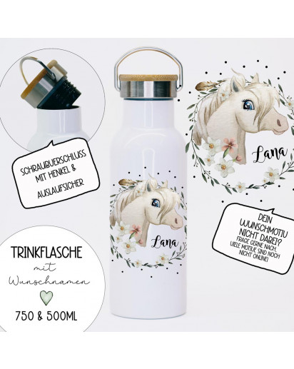 Trinkflasche Isolierflasche Trinkbecher Pferd Pferde Pferdemotiv Wildpferd mit Namen personalisiert nachhaltig mit Bambusdeckel tbd01
