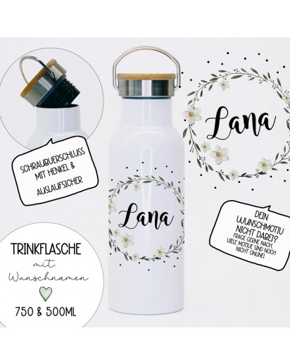 Trinkflasche Isolierflasche Trinkbecher Eukalyptus Blätter Blüten Kranz mit Namen personalisiert nachhaltig mit Bambusdeckel tbd02