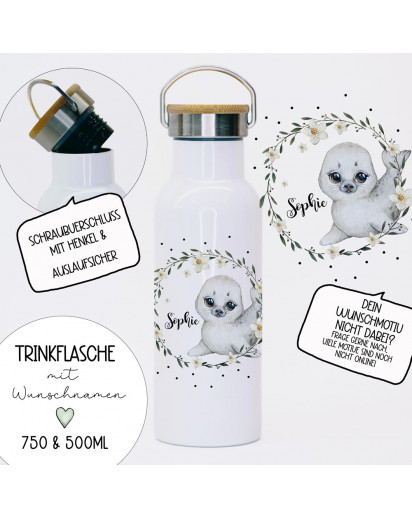 Trinkflasche Isolierflasche Trinkbecher Robbe Seehund Motiv mit Namen personalisiert nachhaltig mit Bambusdeckel tbd03