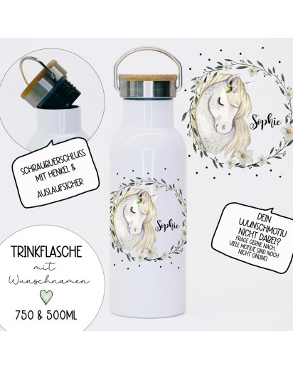 Trinkflasche Isolierflasche Trinkbecher Pferd Pferdchen weisse Mähne Kranz Motiv mit Namen personalisiert nachhaltig mit Bambusdeckel tbd04