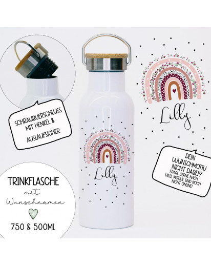 Trinkflasche Isolierflasche Trinkbecher Regenbogen Blütenkranz Motiv mit Namen personalisiert nachhaltig mit Bambusdeckel tbd05