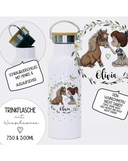 Trinkflasche Isolierflasche Trinkbecher Mädchen mit Pony Pferd & Namen personalisiert nachhaltig mit Bambusdeckel tbd06