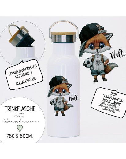 Trinkflasche Isolierflasche Trinkbecher Fußball Fuchs & Namen personalisiert nachhaltig mit Bambusdeckel tbd07