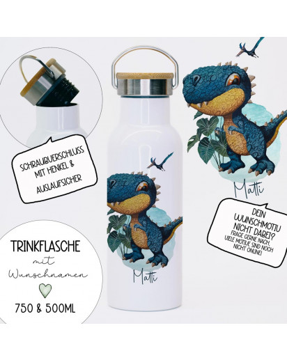 Trinkflasche Isolierflasche Trinkbecher Dino Dinosaurier T-Rex & Namen personalisiert nachhaltig mit Bambusdeckel tbd09