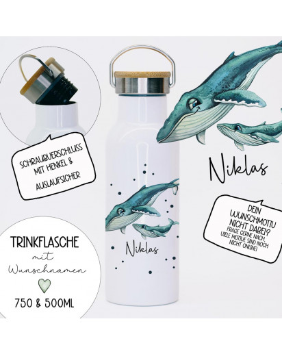 Trinkflasche Isolierflasche Trinkbecher whale Wal mit Kind & Namen personalisiert nachhaltig mit Bambusdeckel tbd10