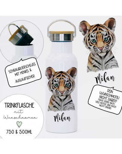 Trinkflasche Isolierflasche Trinkbecher Tiger & Namen personalisiert nachhaltig mit Bambusdeckel tbd12