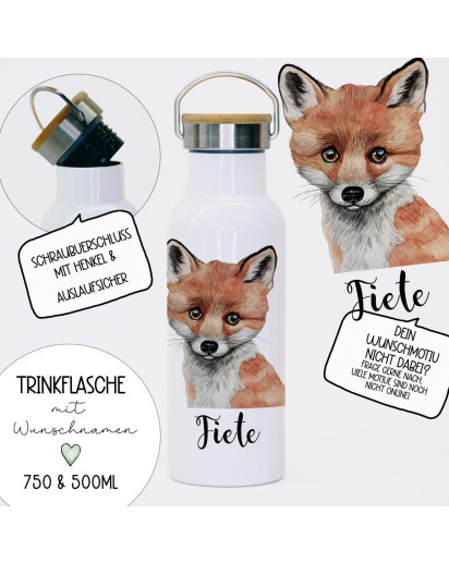 Trinkflasche Isolierflasche Trinkbecher Fuchs & Namen personalisiert nachhaltig mit Bambusdeckel tbd13