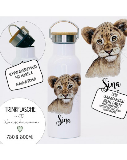 Trinkflasche Isolierflasche Trinkbecher Löwe Löwenbaby & Namen personalisiert nachhaltig mit Bambusdeckel tbd14