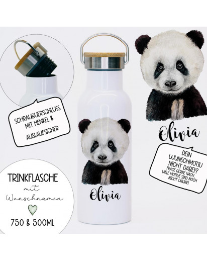Trinkflasche Isolierflasche Trinkbecher Panda Pandabär & Namen personalisiert nachhaltig mit Bambusdeckel tbd15