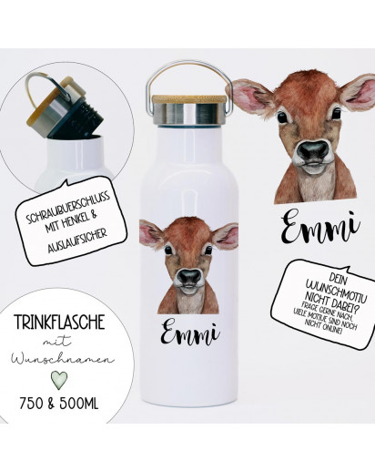 Trinkflasche Isolierflasche Trinkbecher Kuh Kalb & Namen personalisiert nachhaltig mit Bambusdeckel tbd16