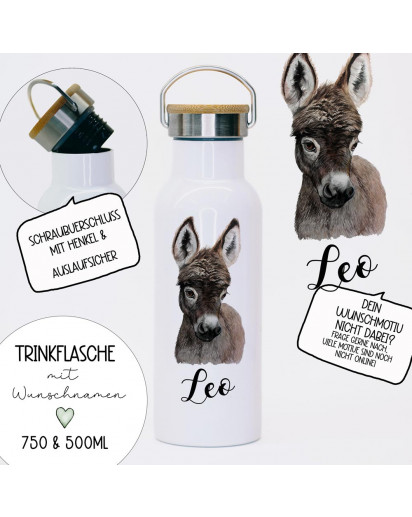 Trinkflasche Isolierflasche Trinkbecher Esel & Namen personalisiert nachhaltig mit Bambusdeckel tbd17