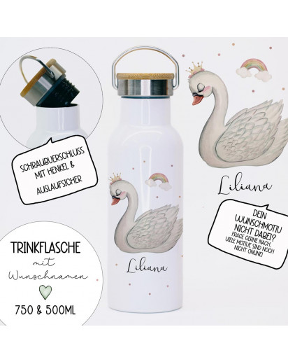 Trinkflasche Isolierflasche Trinkbecher Schwan & Namen personalisiert nachhaltig mit Bambusdeckel tbd18