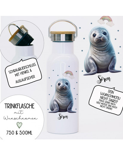 Trinkflasche Isolierflasche Trinkbecher Robbe Seehund & Namen personalisiert nachhaltig mit Bambusdeckel tbd19