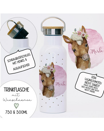 Trinkflasche Isolierflasche Trinkbecher Pferd Pferdchen rosa & Namen personalisiert nachhaltig mit Bambusdeckel tbd20